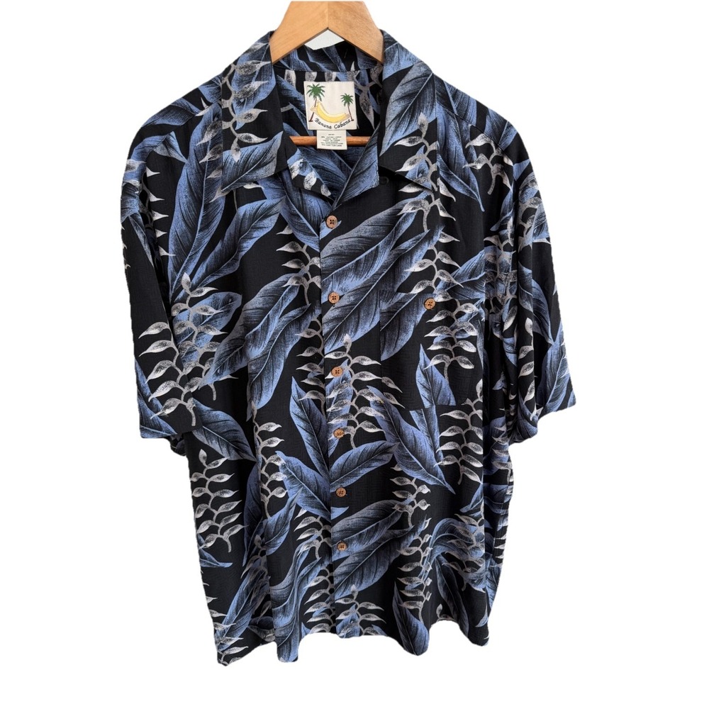 Banana Cabana Vintage Silk Button Down Shirt Mens XXL Hawaiian Tropical Black